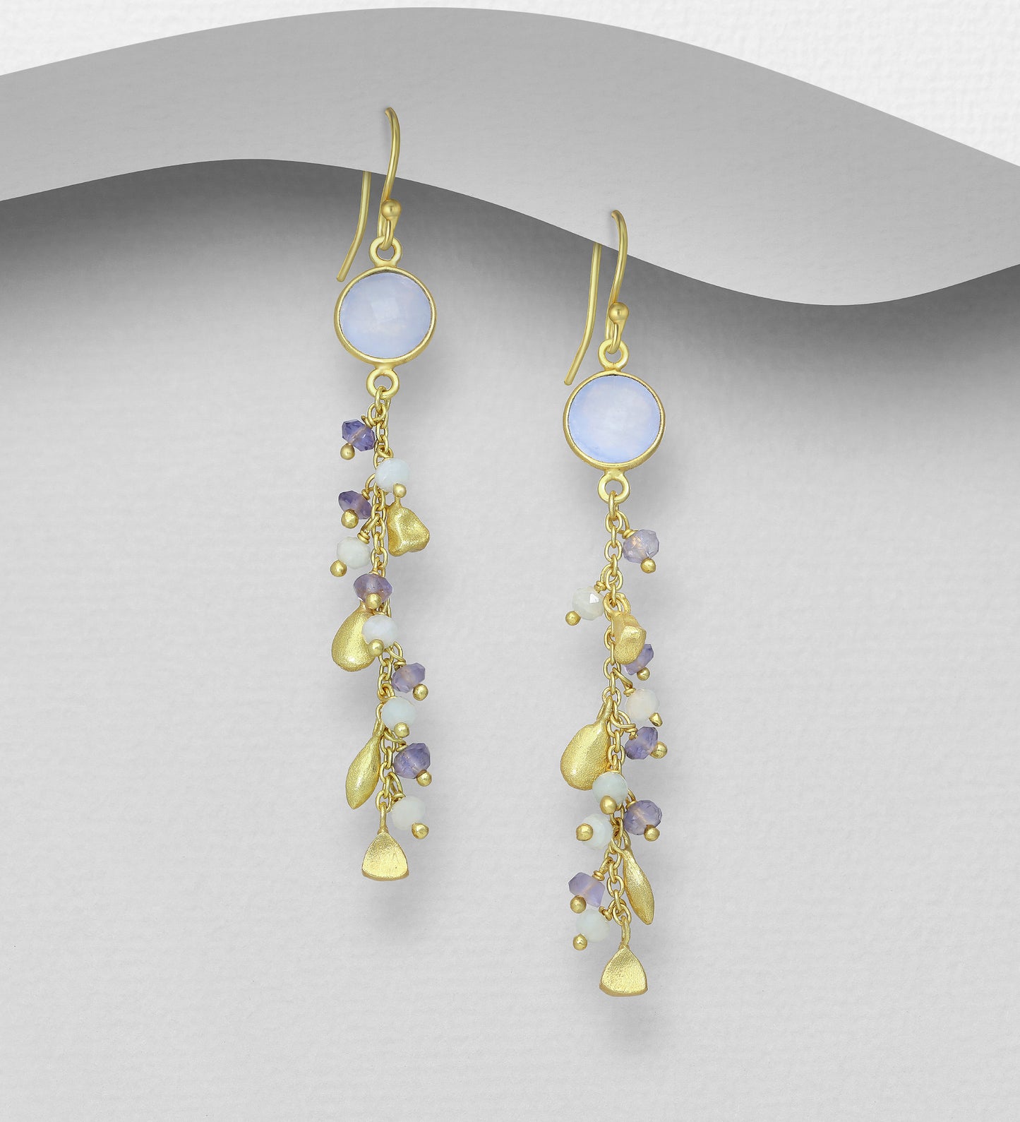 Iolite/Light Chalcedony Jade and Milky Aquamarine earrings