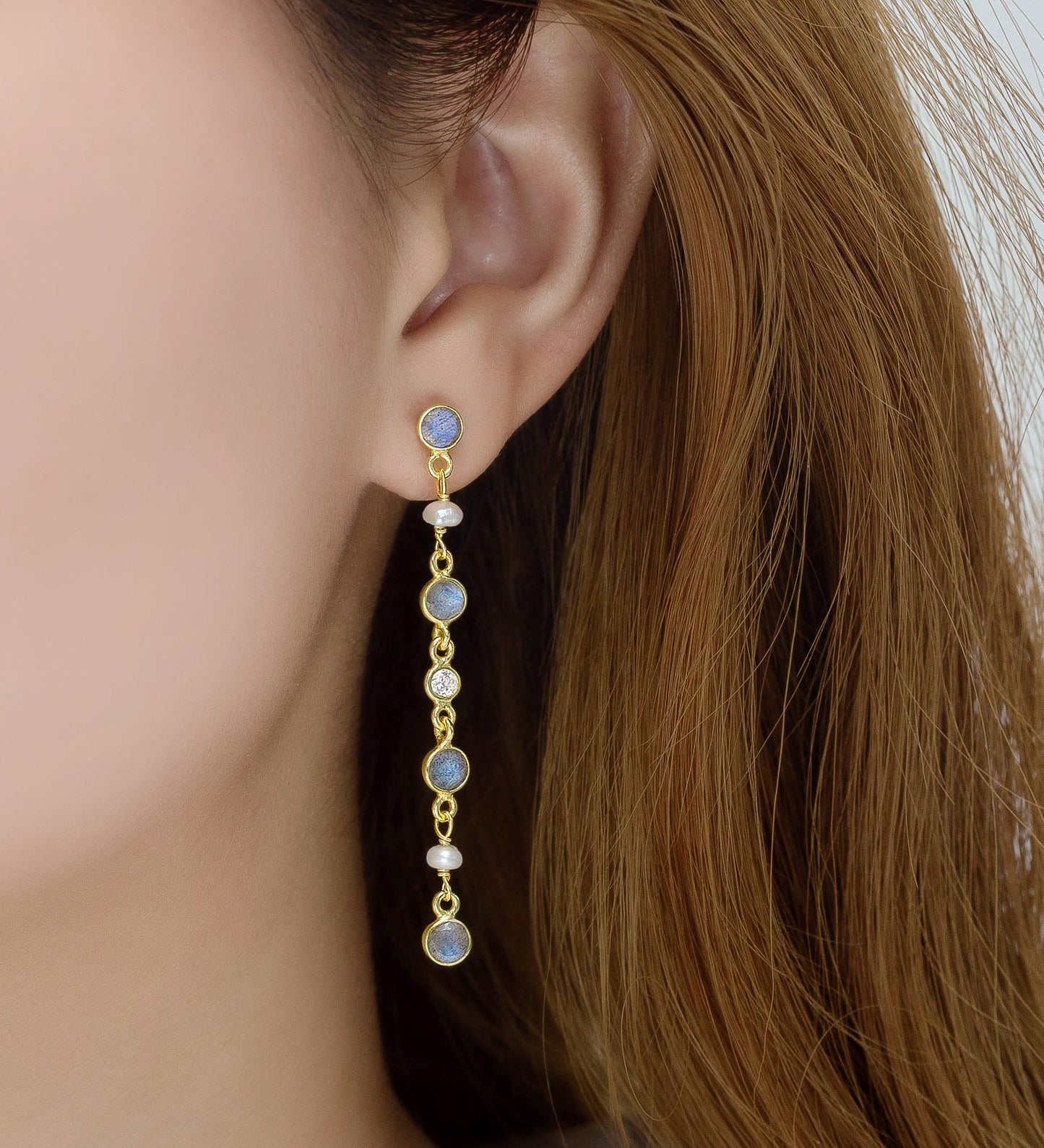 Labradorite, Freshwater Pearls and CZ Earrings