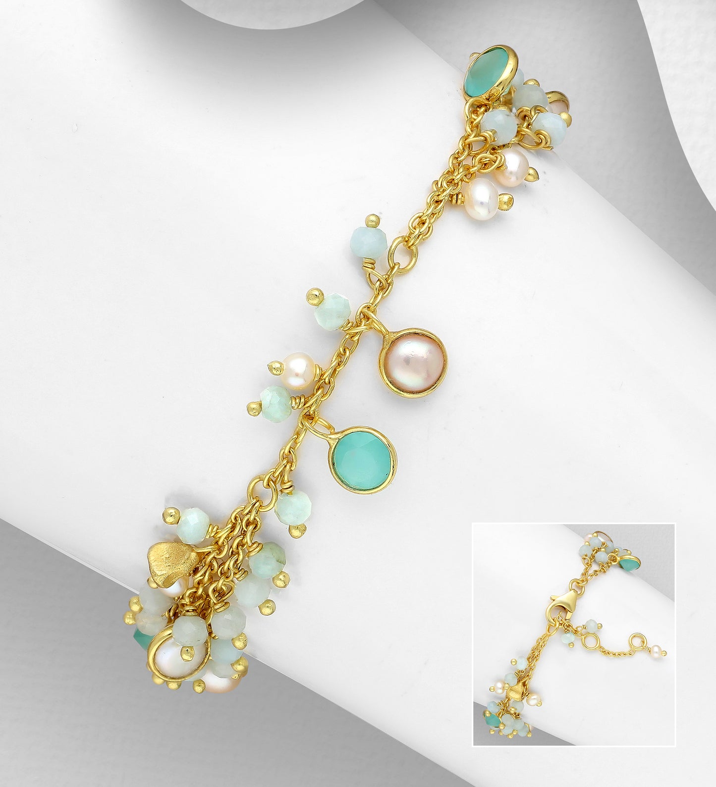 Pearls, Aqua Chalcedony and Milky Aquamarine Bracelet